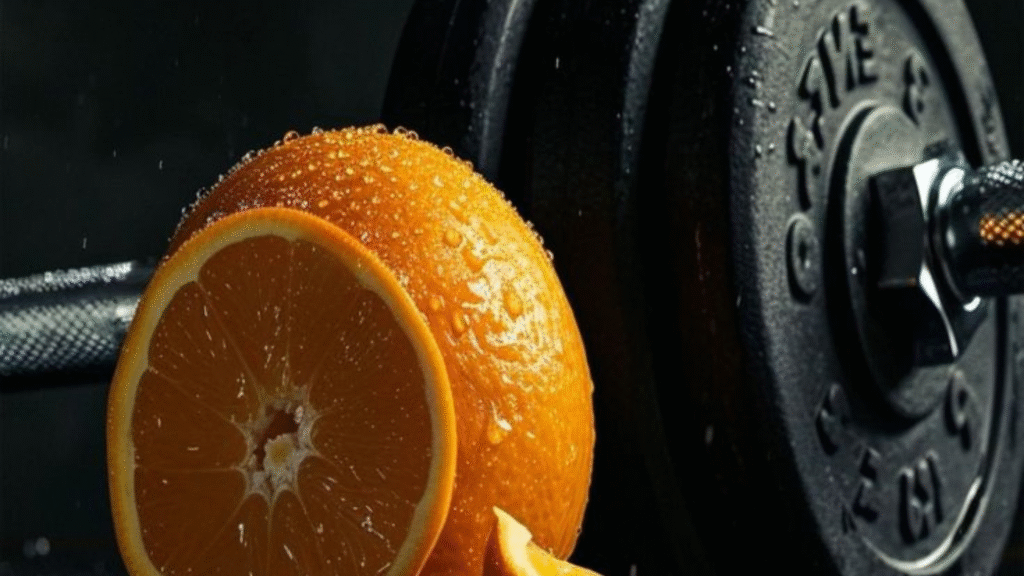 Foto de una naranja y una mancuerna